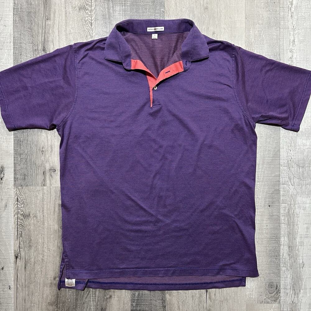 Peter Millar Polo Men's XL Purple Micro Check Plaid Golf Knit Geometric Cotton